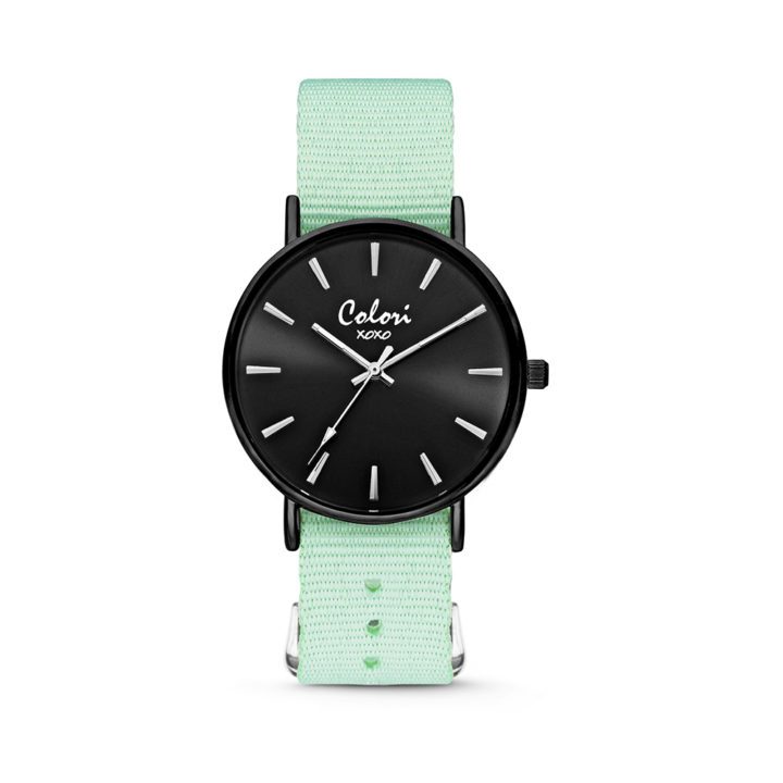 Colori XOXO 5 COL548 Horloge geschenkset met Armband - Nato Band - Ø 36 mm - Mint Groen / Zwart
