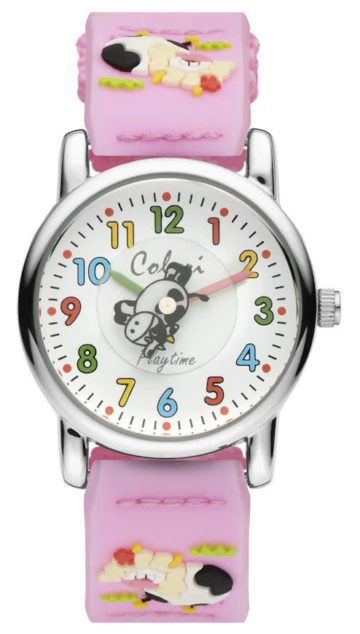 Colori Kinderhorloge Koe staal/nylon roze 28 mm 5-CLK065