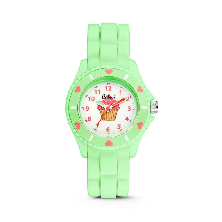 Colori Kinderhorloge Cupcake staal/siliconen limoengroen 30 mm 5-CLK061