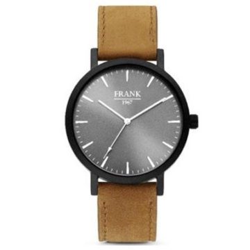 Frank 1967 7FW-0016 – Stalen horloge met lederen band – grijs en bruin – Ø 42 mm