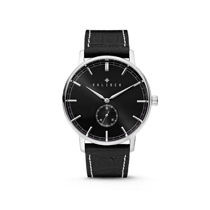 Kaliber 7KW-00002 - Stalen Horloge met Leren Band - Zwart en Zilverkleurig - 40 mm