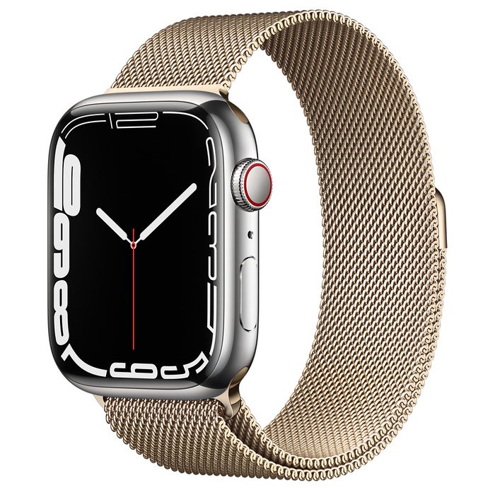Apple Watch Series 7 GPS + Cellular 45mm Silver Stainless Steel with Gold Milanese Loop A2477