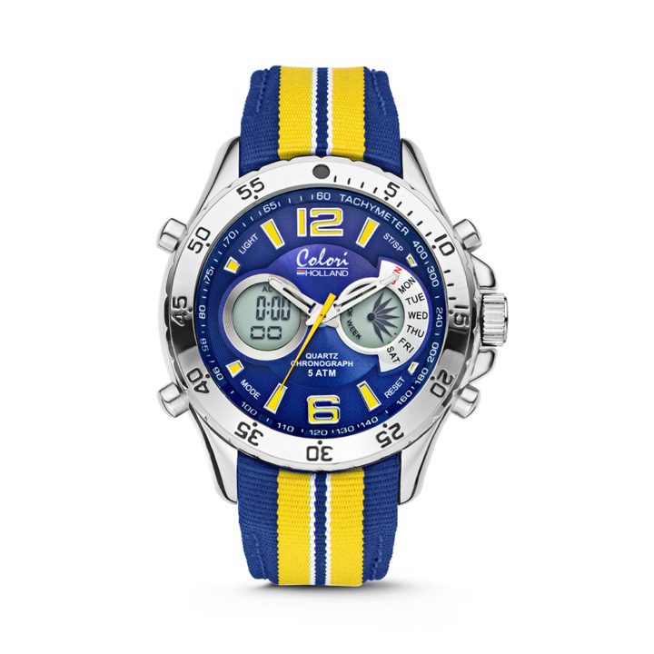 Colori Horloge Holland Sports staal/nylon geel-blauw 48 mm 5-CLD134