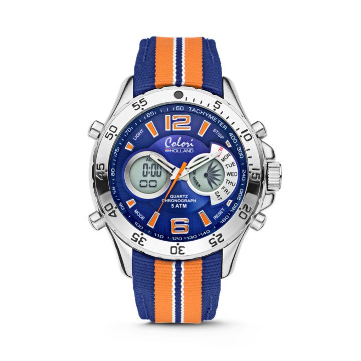 Colori Horloge Holland Sports staal/nylon oranje-blauw 48 mm 5-CLD133