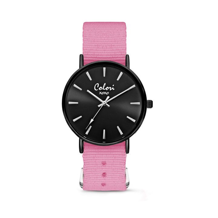 Colori XOXO 5 COL558 Horloge geschenkset met Armband - Nato Band - Ø 36 mm - Roze / Zwart