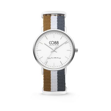 CO88 Horloge staal/nylon zilverkleurig/bruin/wit/grijs 36 mm 8CW-10031
