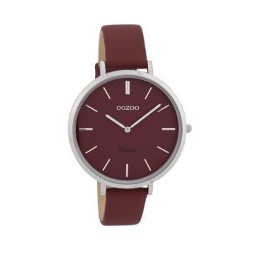 OOZOO Horloge C9807 Vintage staal/leder 40 mm zilverkleurig-burgundy