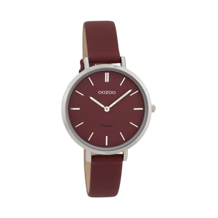 OOZOO Horloge C9815 Vintage staal/leder 34 mm zilverkleurig-burgundy