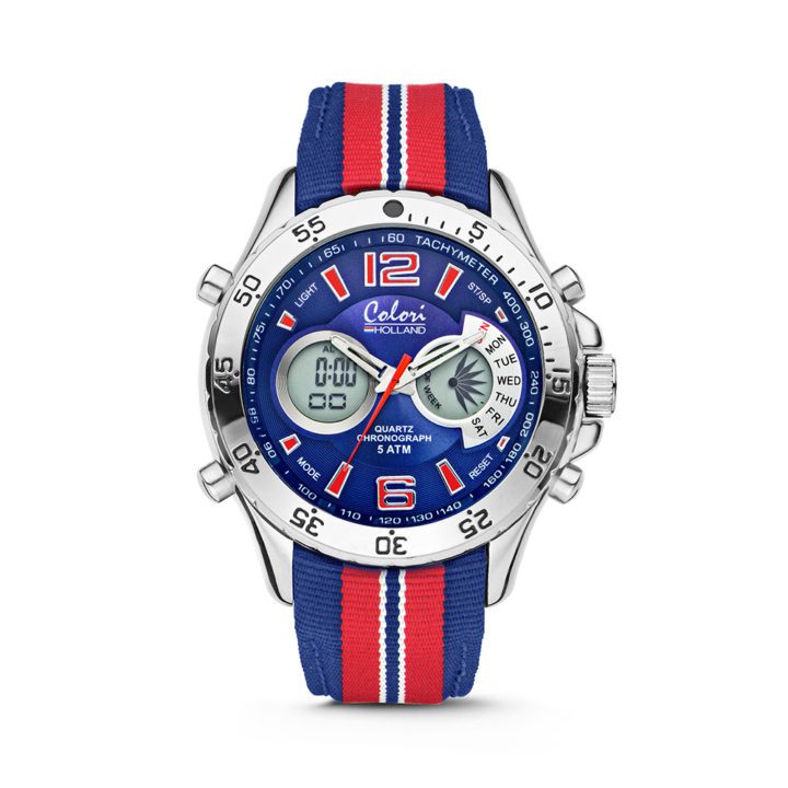 Colori Horloge Holland Sports staal/nylon rood-wit-blauw 48 mm 5-CLD135