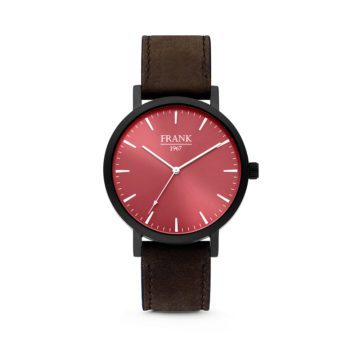 Frank 1967 7FW-0010 – Stalen horloge met lederen band – rood en donkerbruin – Ø 42 mm