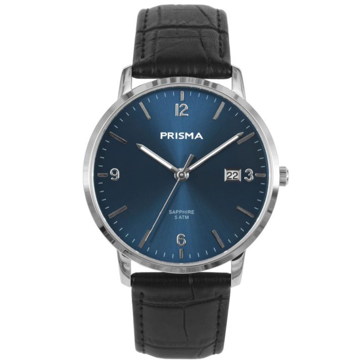 Prisma P.1645 Herenhorloge staal-leder saffierglas 39 mm