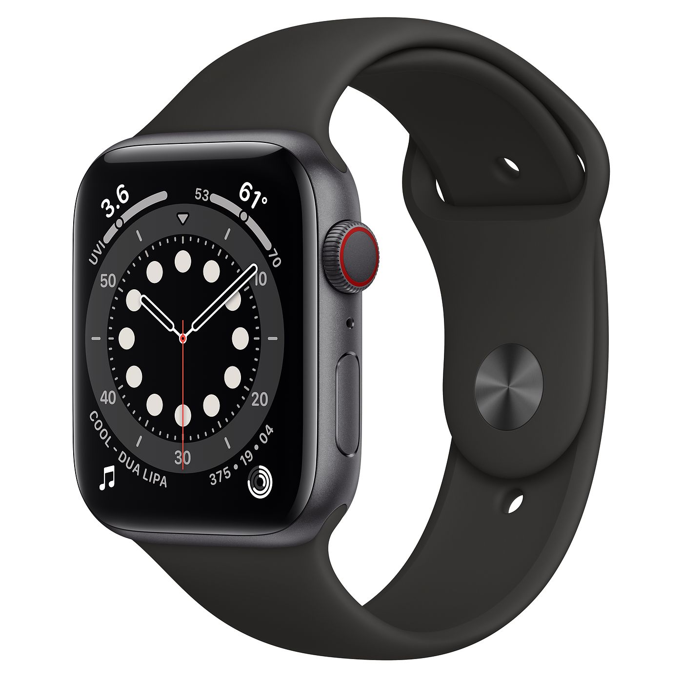 Apple Watch Series 6 GPS + Cellular 44mm Space Gray Aluminum with Black Sport Band A2294